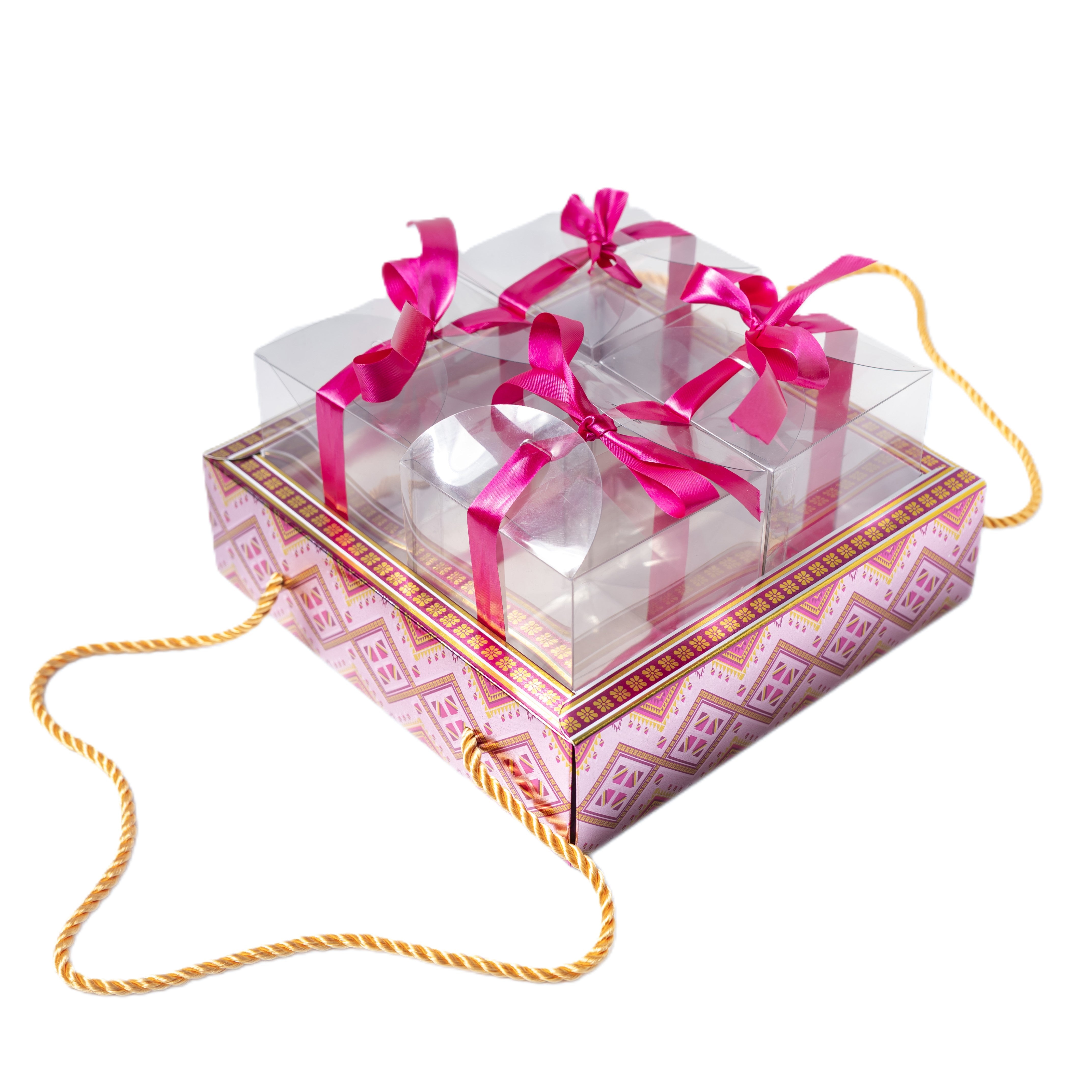 DRY FRUIT HAMPER TRAY BOX WITH 4 CLEAR PVC BOX, RIBBON AND ROPE HANDLE (7*7*2 INCH) (BK-100-LM)