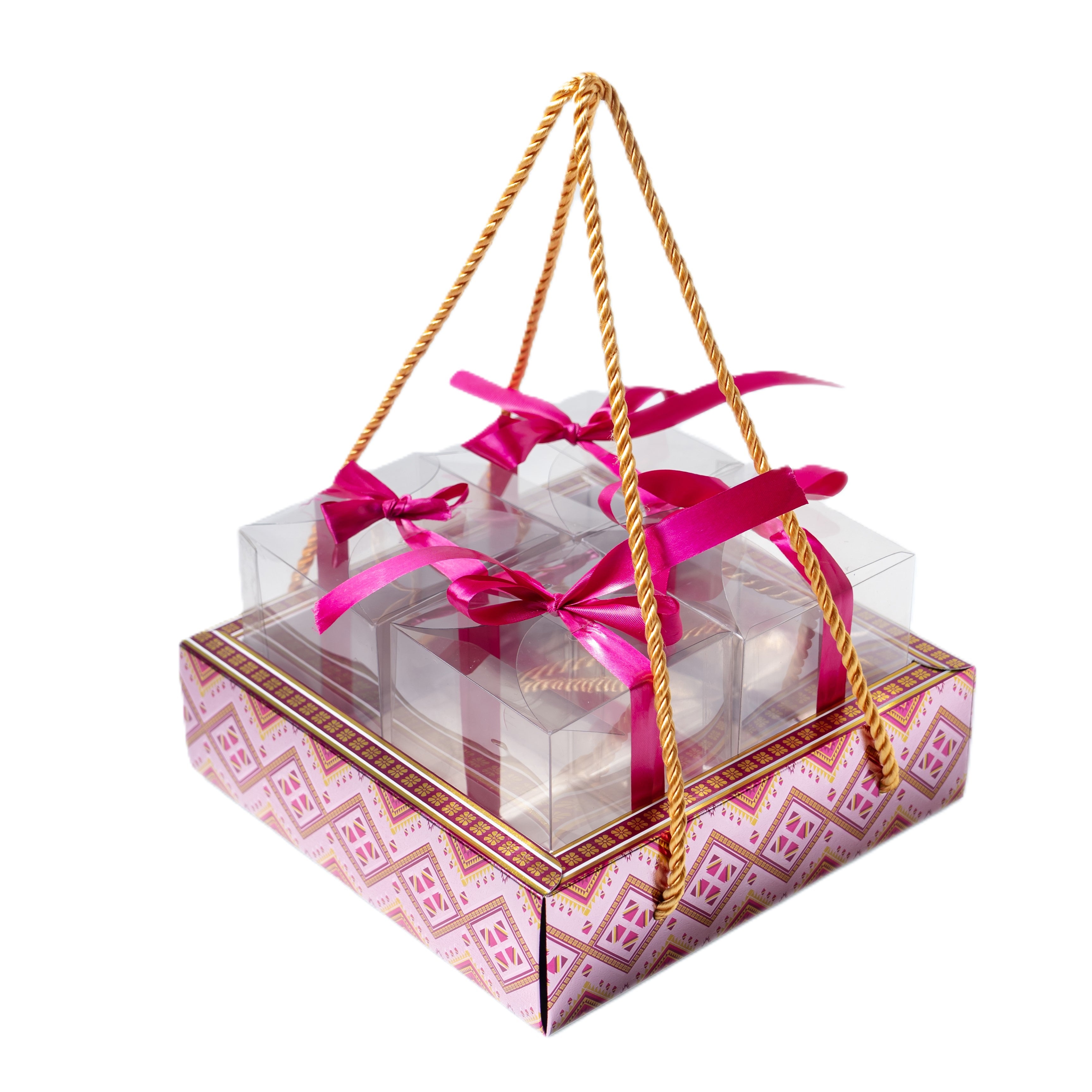 DRY FRUIT HAMPER TRAY BOX WITH 4 CLEAR PVC BOX, RIBBON AND ROPE HANDLE (7*7*2 INCH) (BK-100-LM)
