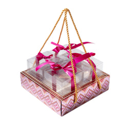 DRY FRUIT HAMPER TRAY BOX WITH 4 CLEAR PVC BOX, RIBBON AND ROPE HANDLE (7*7*2 INCH) (BK-100-LM)