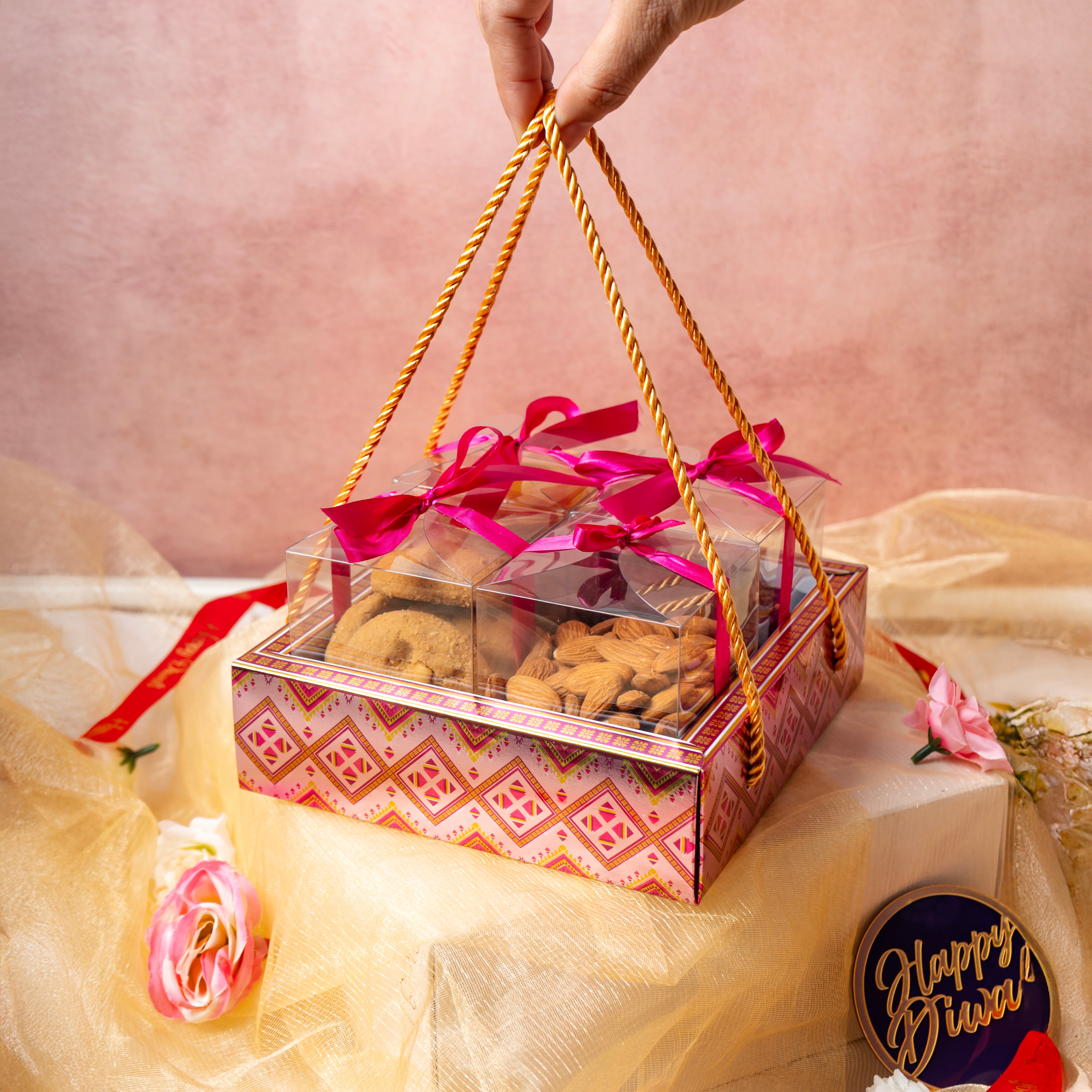 DRY FRUIT HAMPER TRAY BOX WITH 4 CLEAR PVC BOX, RIBBON AND ROPE HANDLE (7*7*2 INCH) (BK-100-LM)