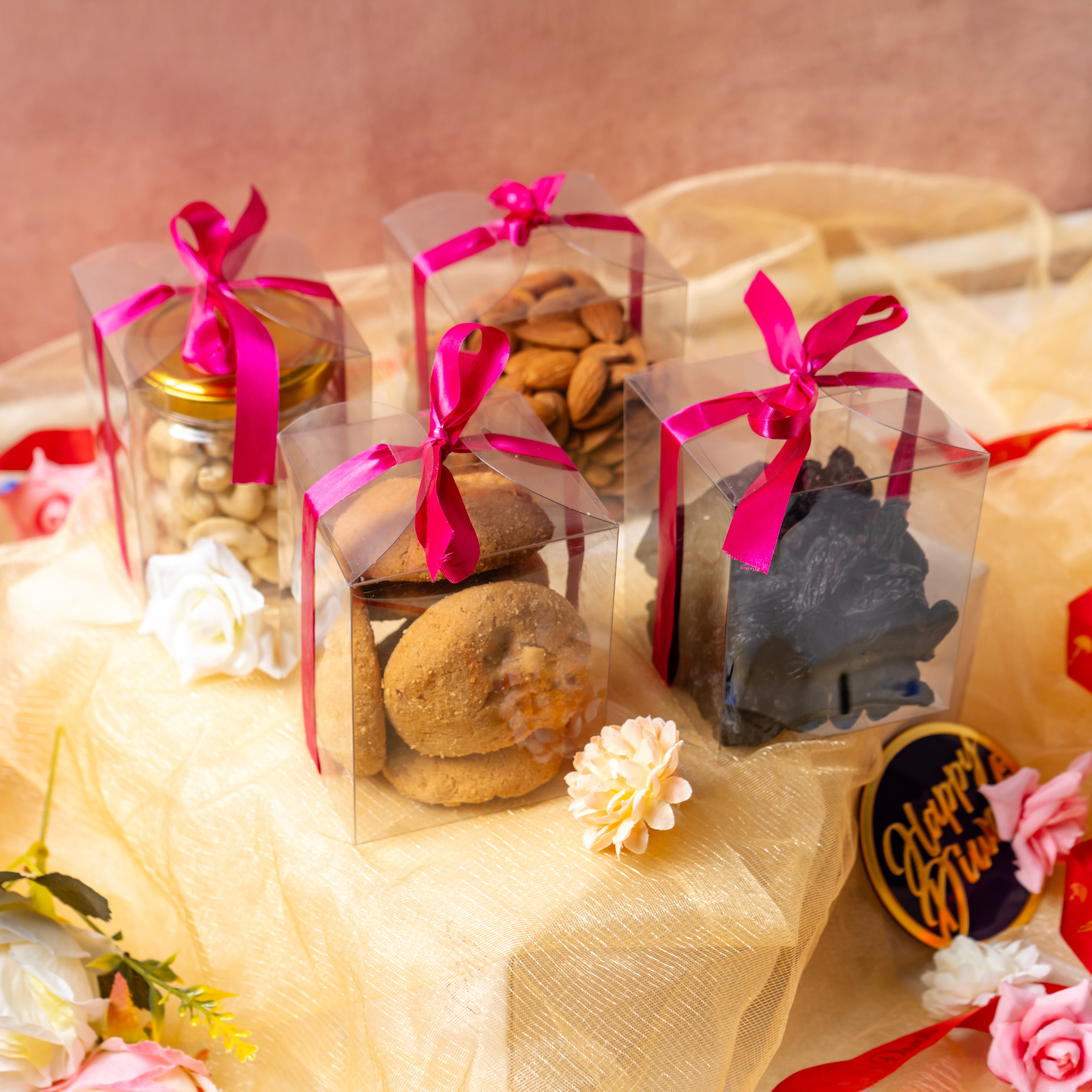 DRY FRUIT HAMPER TRAY BOX WITH 4 CLEAR PVC BOX, RIBBON AND ROPE HANDLE (7*7*2 INCH) (BK-100-LM)