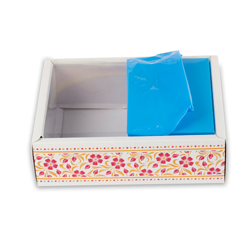 Foiled And Embossed Intricate Floral Design Hamper Box With Transparent Lid Size: 10*8*3 Inch Cobalt Blue, Magenta Pink (BK-30 OC)