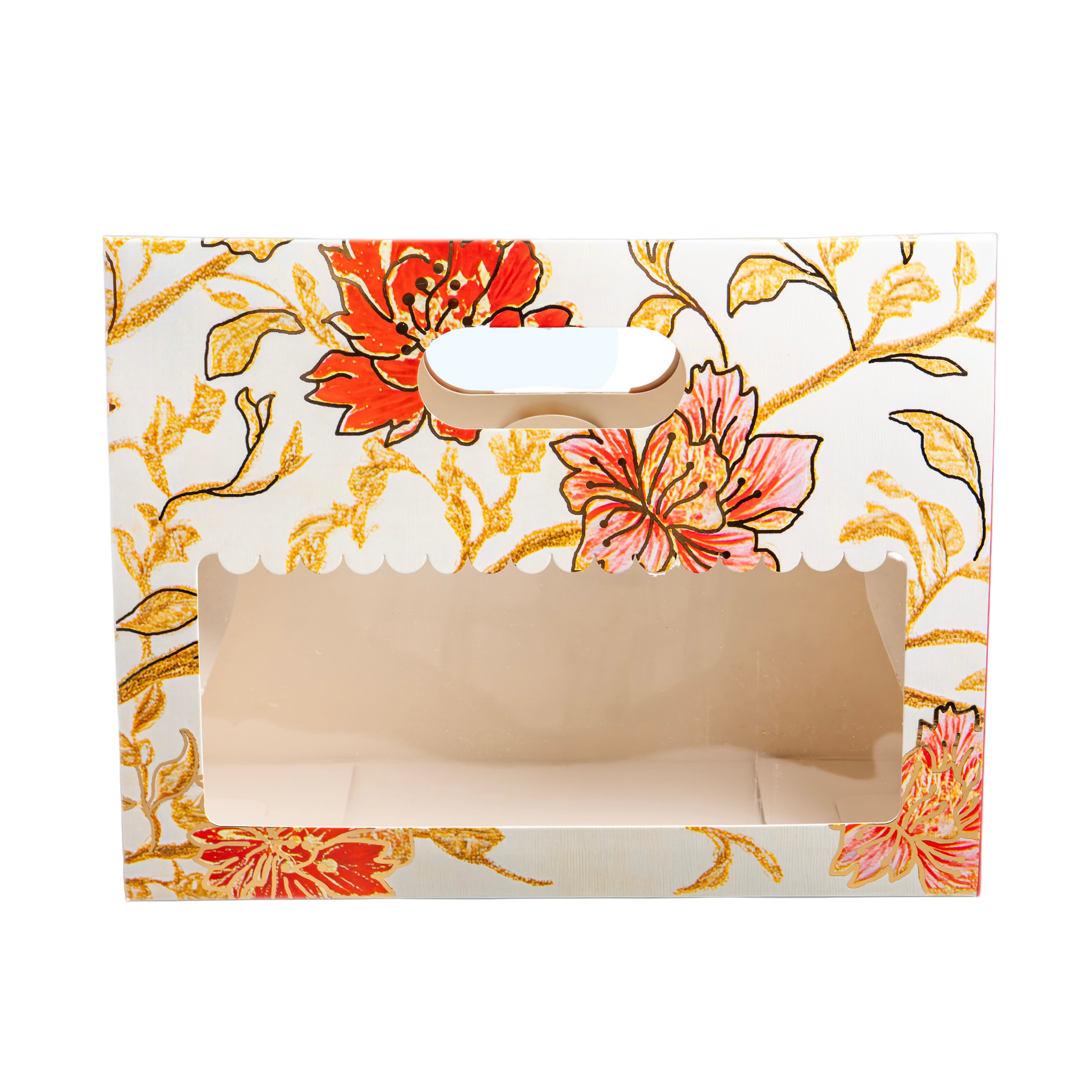 Floral-patterned box with a window on a white background