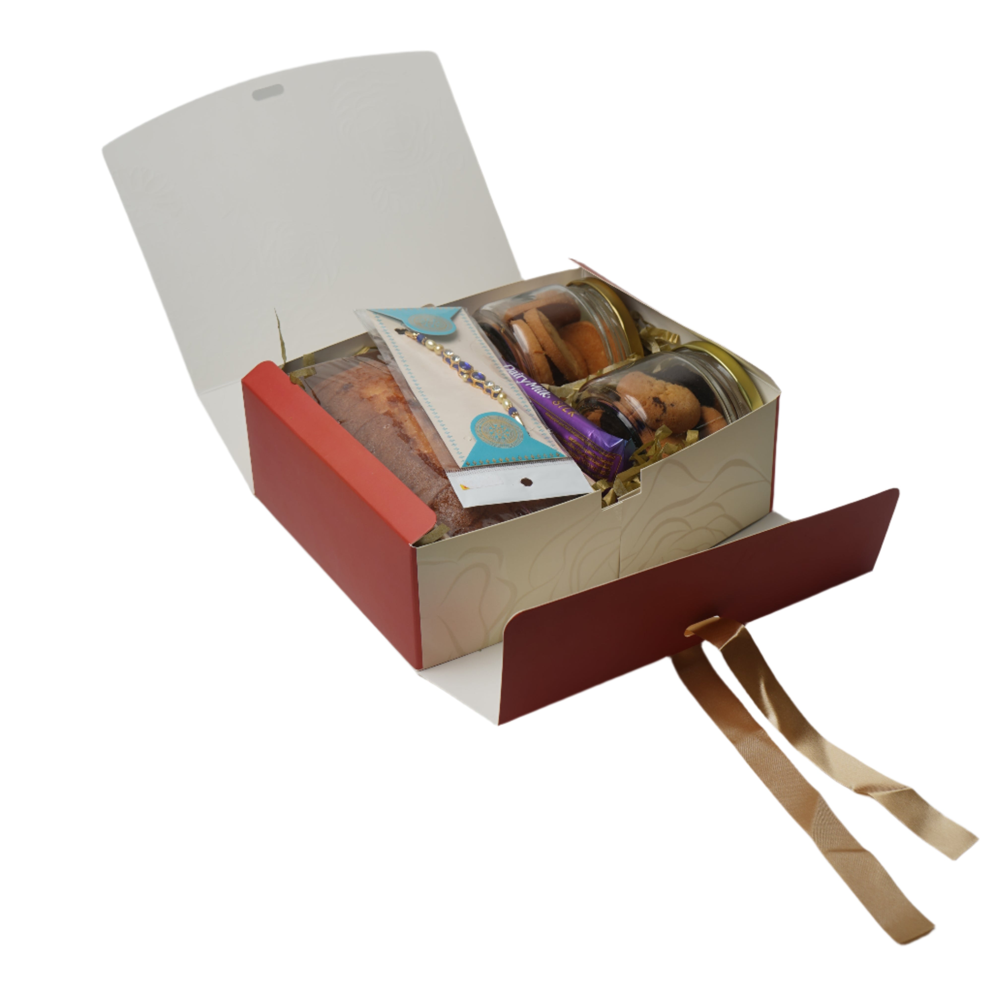 Decorative book with a red cover and gold ribbon on a white surface