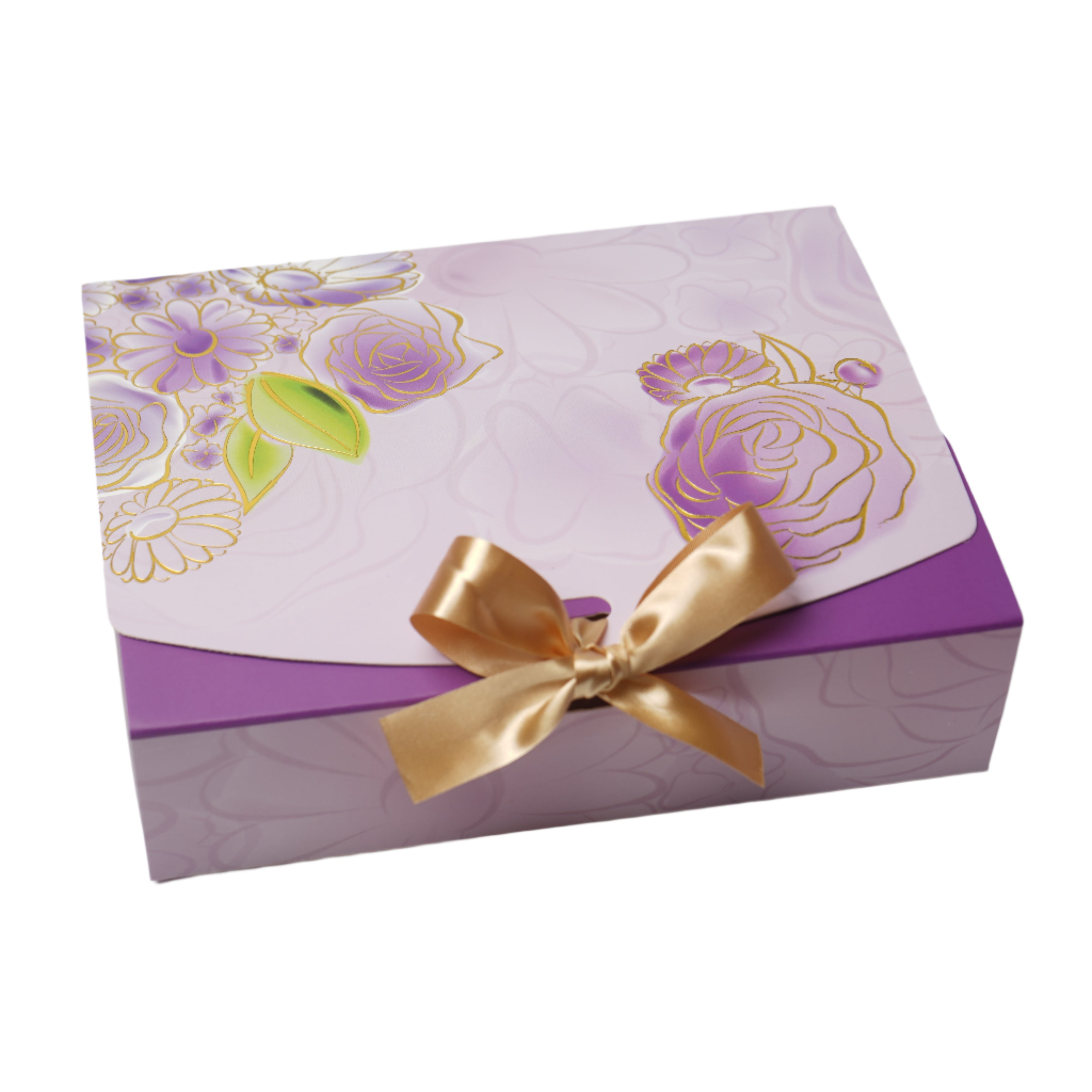 Decorative gift box with floral design and gold ribbon on a white background
