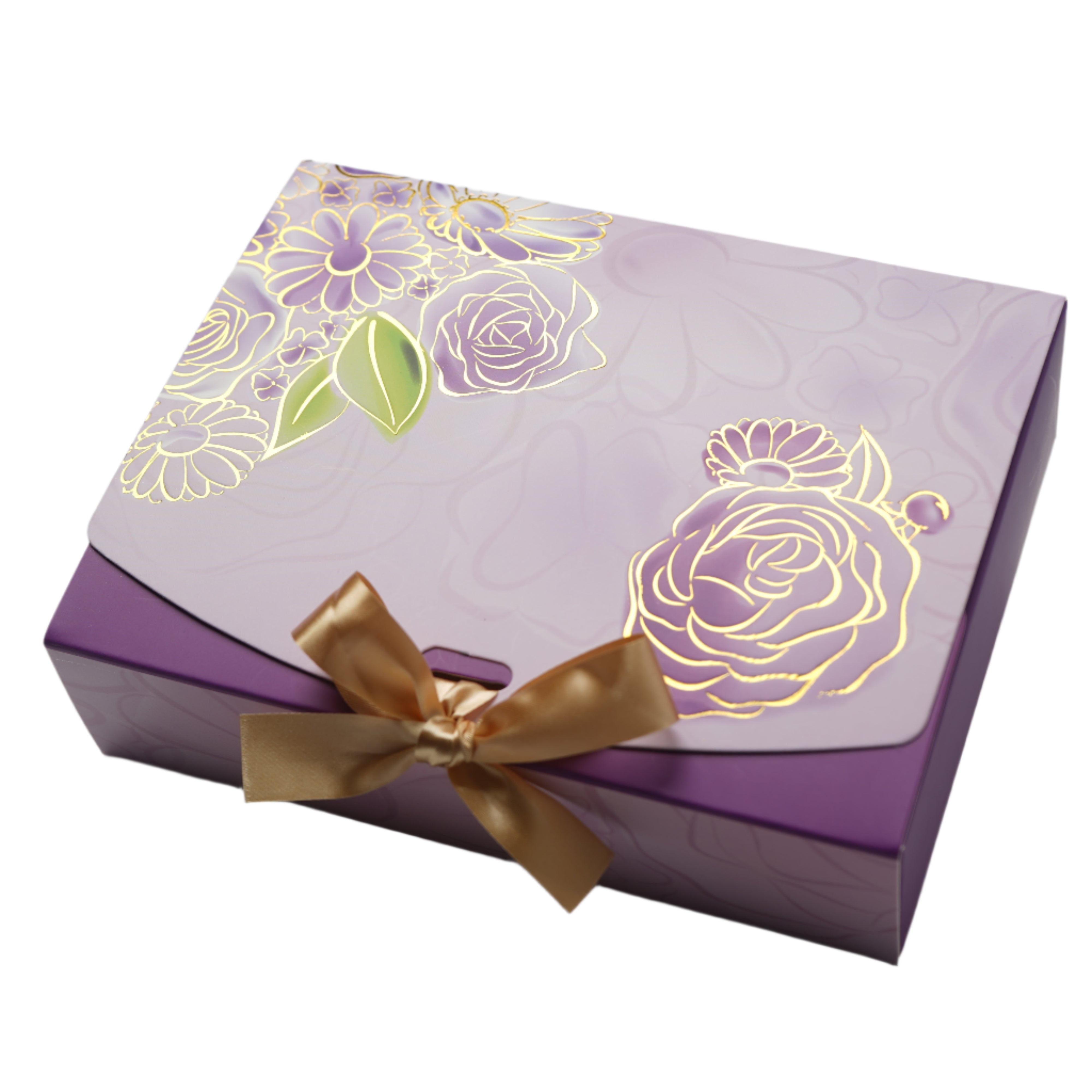Purple gift box with floral designs and a gold bow on a white background