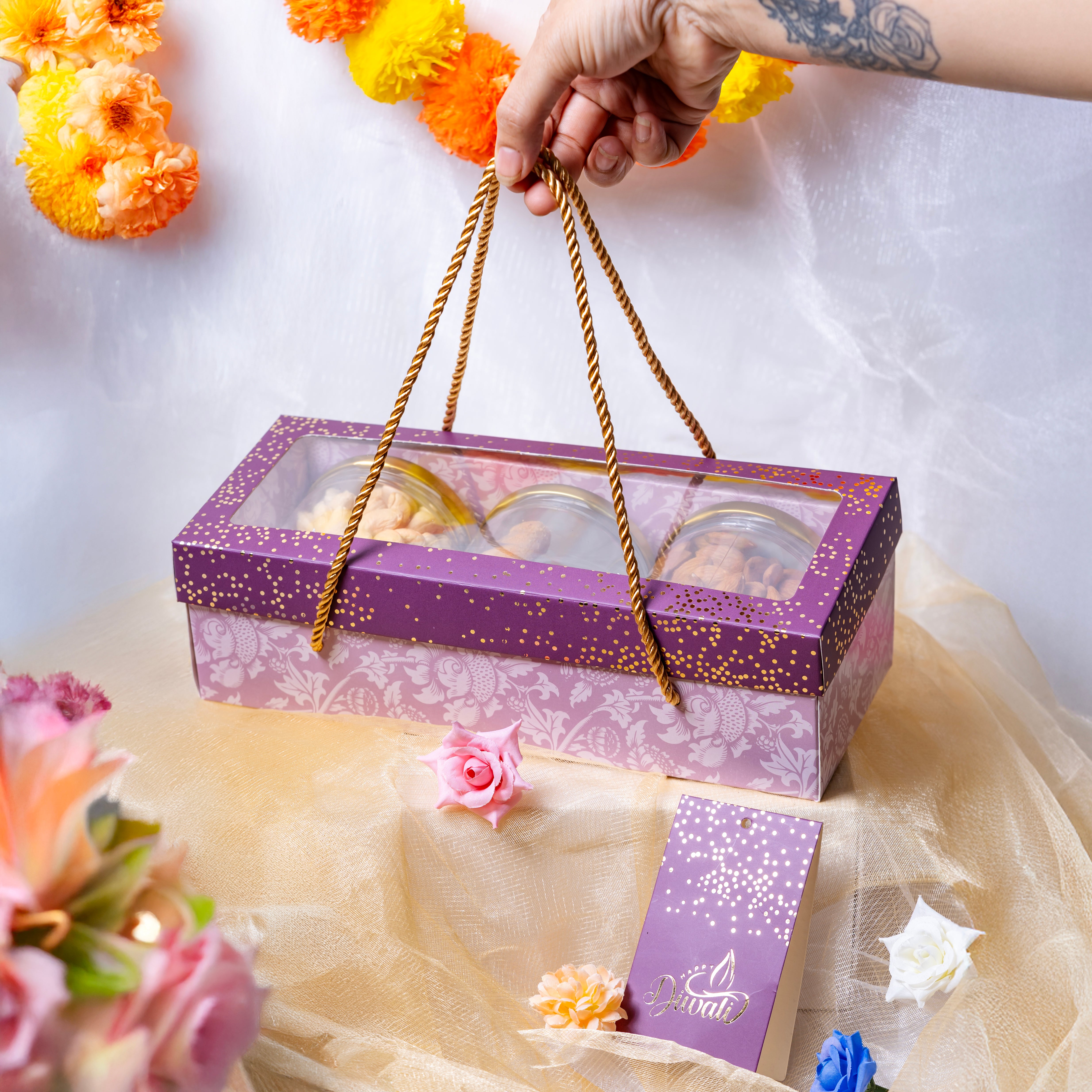 3 Jar Hamper Box With Window And Rope Handle (10*3.5*3 Inch) (BK-99-PL)