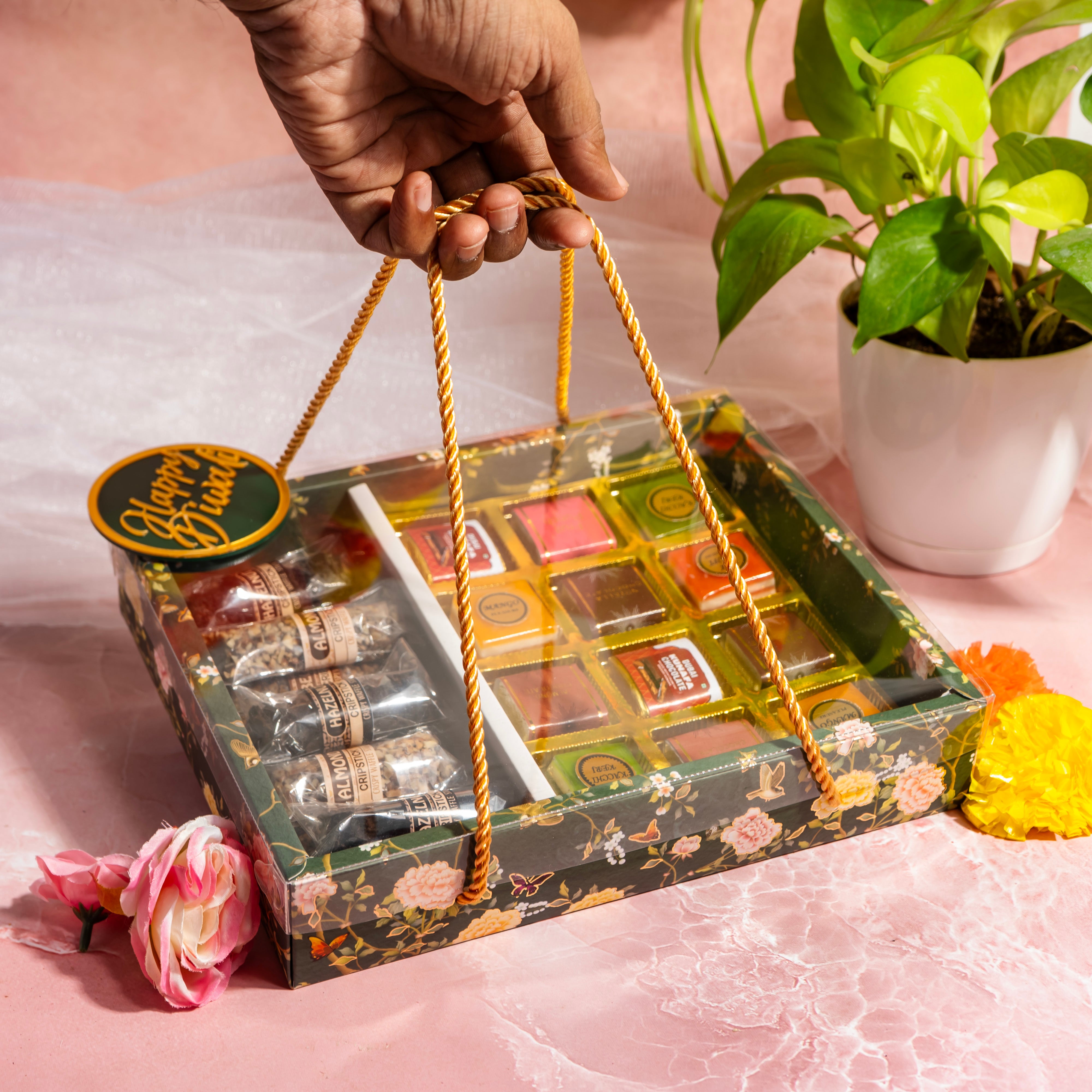 FESTIVE HAMPER BOX WITH TRANSPARENT LID AND ROPE HANDLE – EMERALD BLOSSOM DESIGN (9.25*7.5*2 INCH) (BK-97-EB+Cavity)