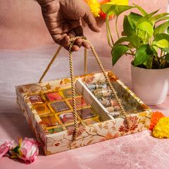 FESTIVE HAMPER BOX WITH TRANSPARENT LID AND ROPE HANDLE – MAJESTIC MARIGOLD DESIGN (9.25*7.5*2 INCH) (BK-97-MM+cavity)