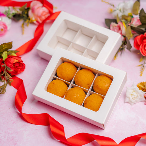 6 CAVITY CHOCOLATE BOX WITH SLIDER WINDOW SLEEVES IN WHITE (12*8*4 CM)(CK-10)