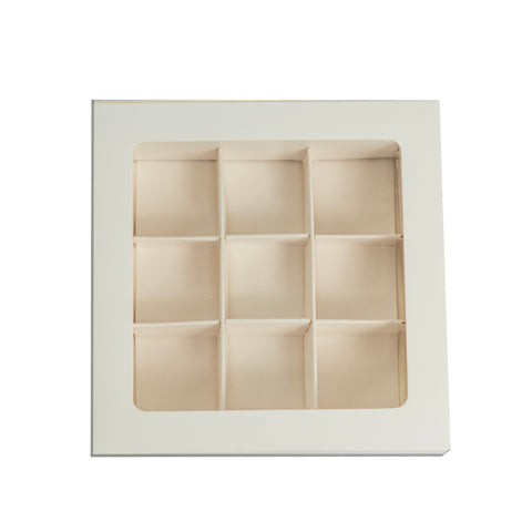 9 CAVITY CHOCOLATE BOX WITH SLIDER WINDOW SLEEVES IN WHITE (12*12*4 CM)(CK-11)
