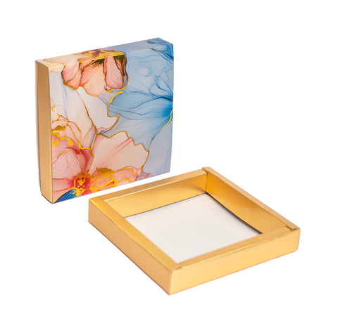 9 CAVITY SLIDER CHOCOLATE BOX WITH PRINTED SLEEVES AND GOLDEN TRAY (14*14*3 CM) (CK-2-B)
