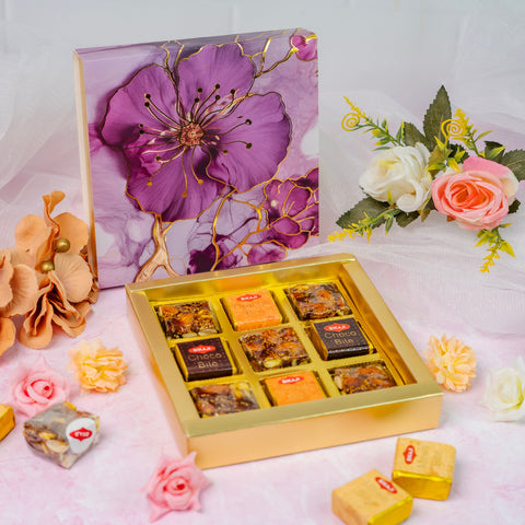 9 CAVITY SLIDER CHOCOLATE BOX WITH PRINTED SLEEVES AND GOLDEN TRAY (14*14*3 CM) (CK-2-P)
