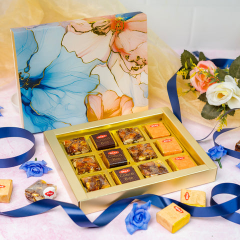 12 CAVITY SLIDER CHOCOLATE BOX WITH PRINTED SLEEVES AND GOLDEN TRAY (19*14.4*3 CM) (CK-3-B)