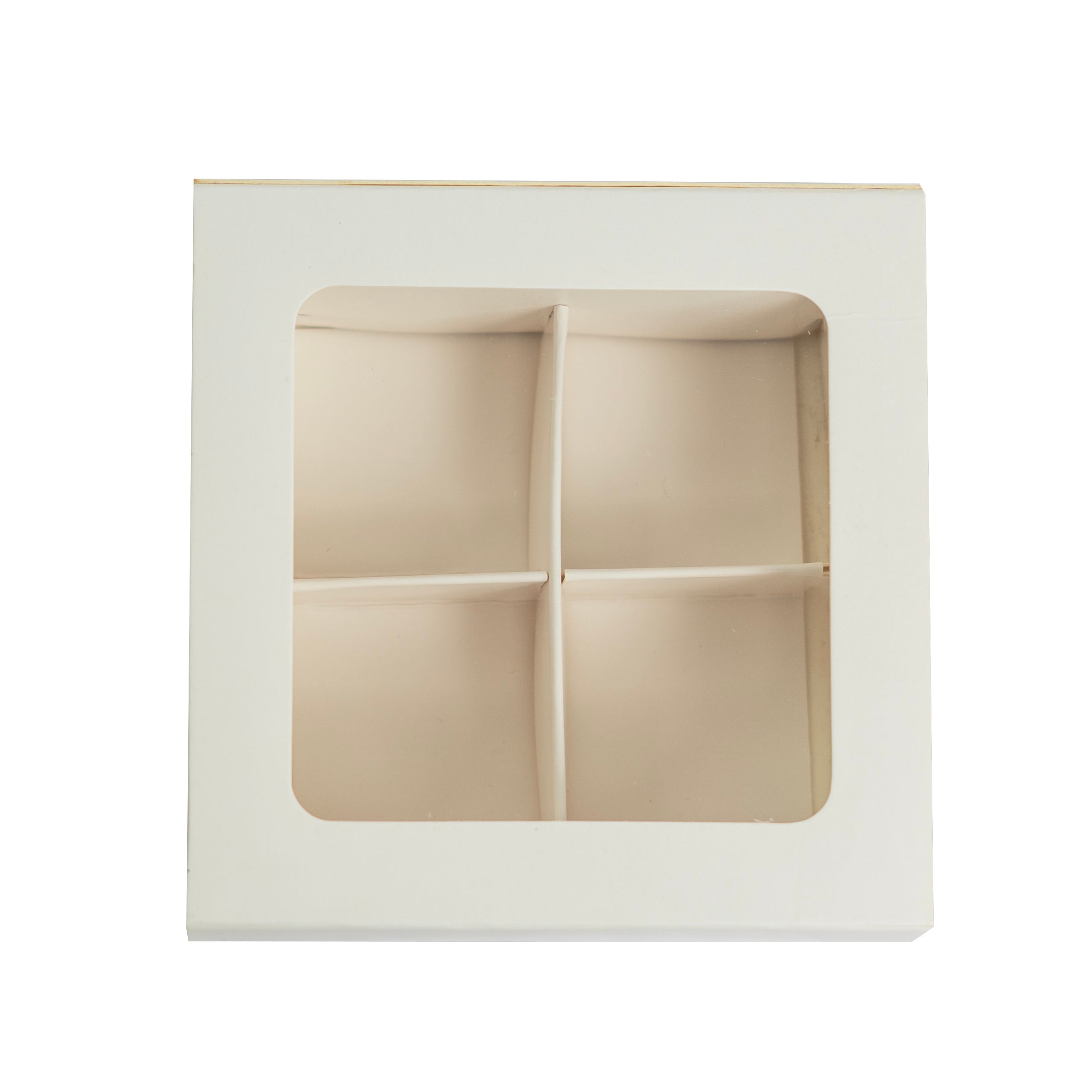 4 CAVITY CHOCOLATE BOX WITH SLIDER WINDOW SLEEVES IN WHITE (8*8*4 CM)(CK-9)