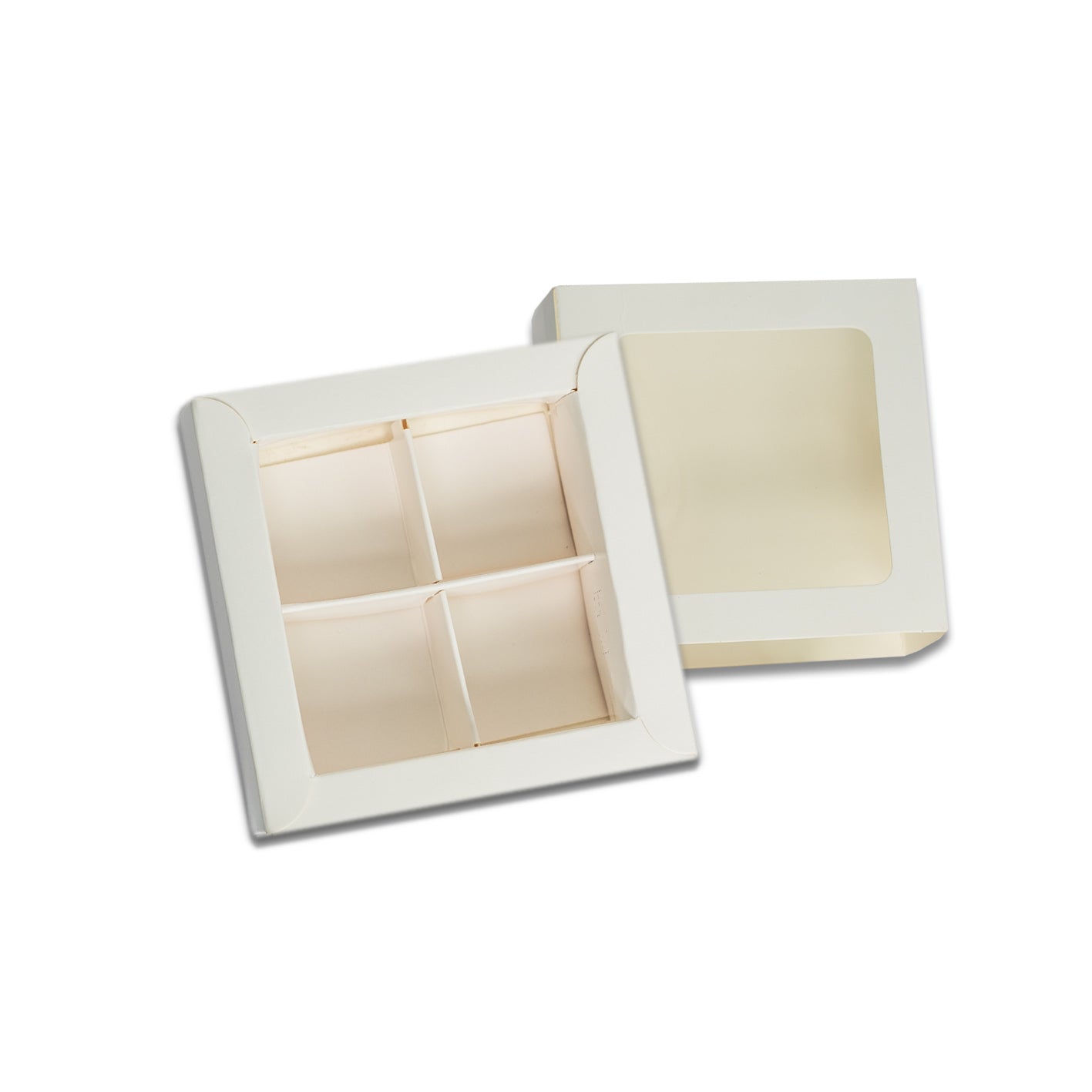 4 CAVITY CHOCOLATE BOX WITH SLIDER WINDOW SLEEVES IN WHITE (8*8*4 CM)(CK-9)