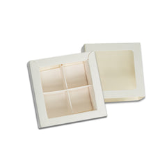 4 CAVITY CHOCOLATE BOX WITH SLIDER WINDOW SLEEVES IN WHITE (8*8*4 CM)(CK-9)