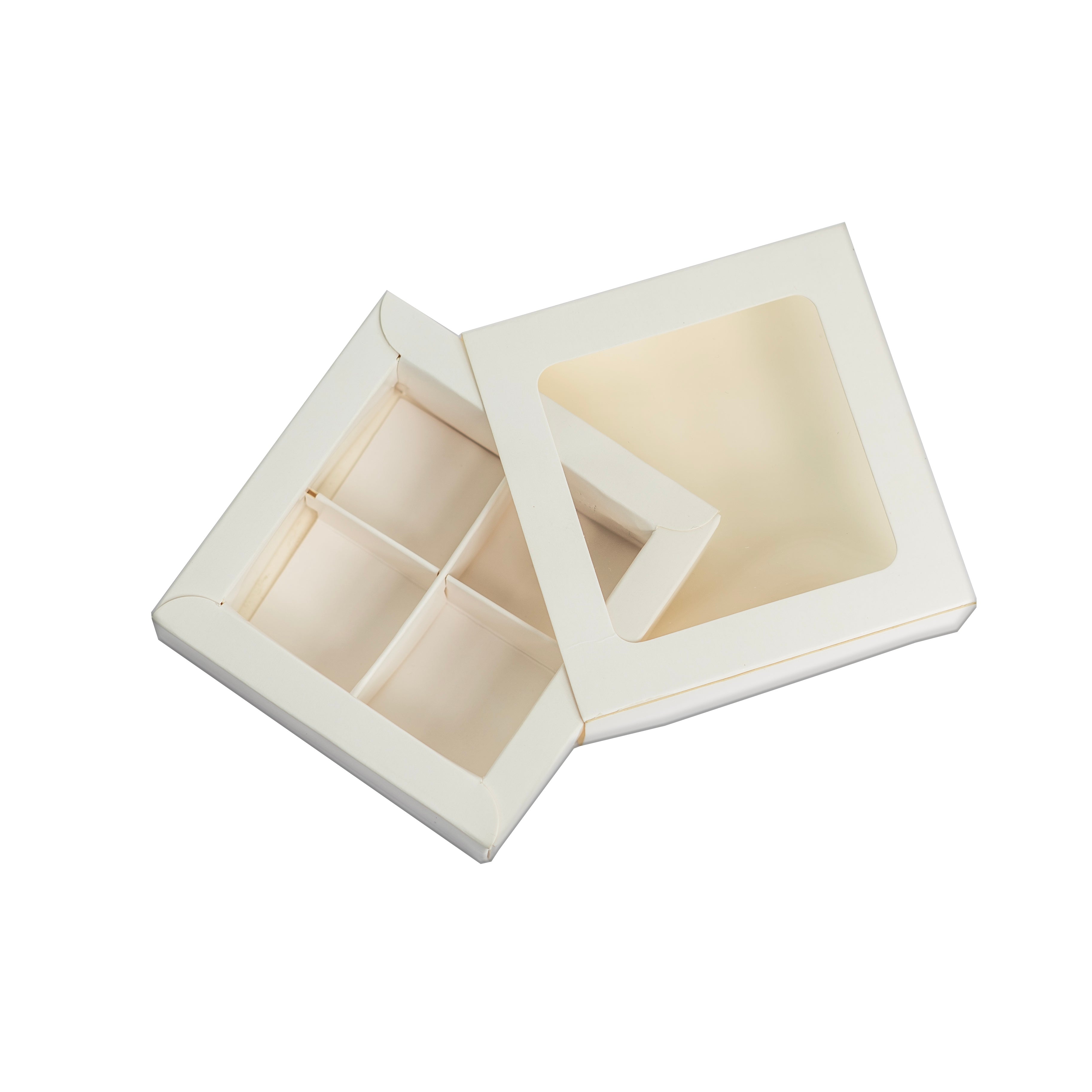 4 CAVITY CHOCOLATE BOX WITH SLIDER WINDOW SLEEVES IN WHITE (8*8*4 CM)(CK-9)