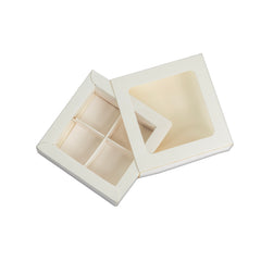 4 CAVITY CHOCOLATE BOX WITH SLIDER WINDOW SLEEVES IN WHITE (8*8*4 CM)(CK-9)