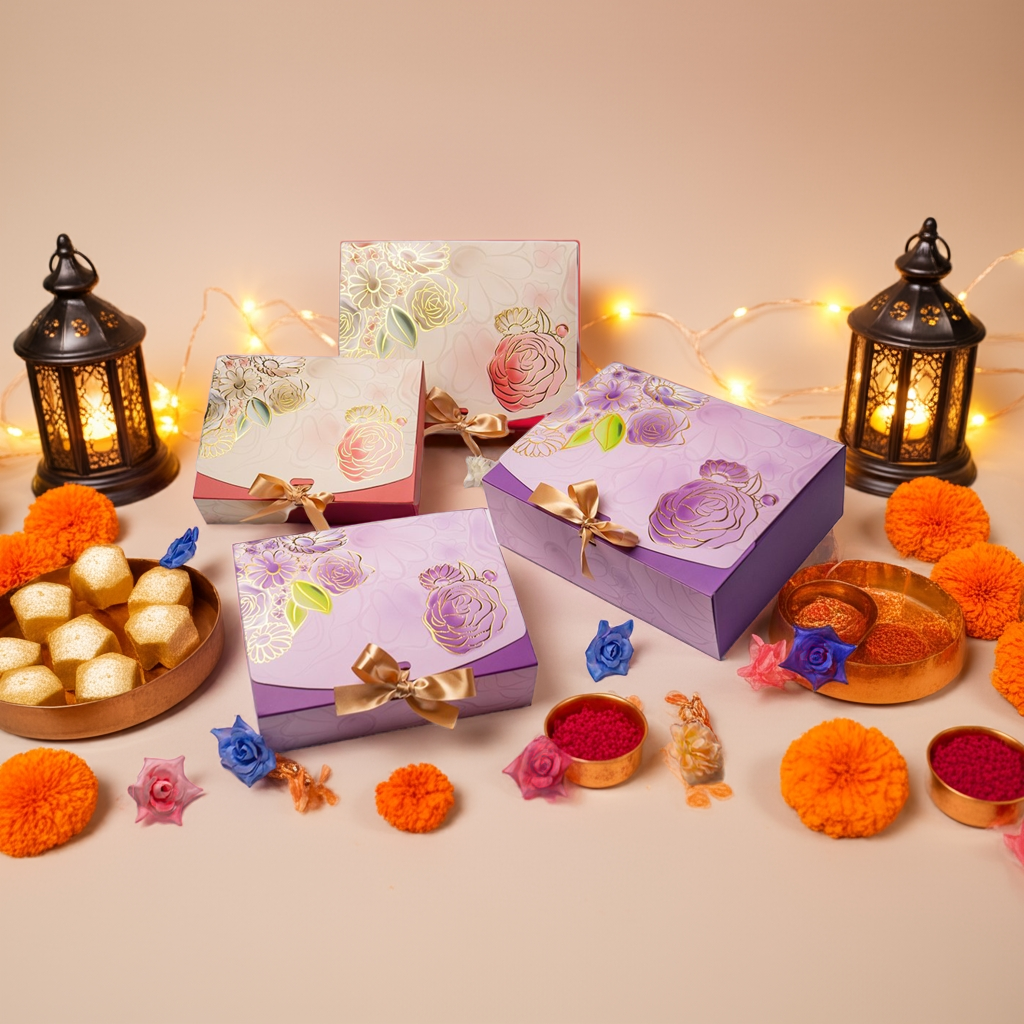 Decorative gift boxes with floral designs, lanterns, and colorful items on a table.