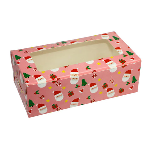 Pink gift box with Santa Claus and Christmas tree pattern on a white background