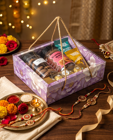 Hamper Gift Box With Top PVC Transparent Lid And Bottom Tray in Floral Aura Design With Rope Handle- Lilac (9*7*3 Inch) (BK-30 LD- FAL)
