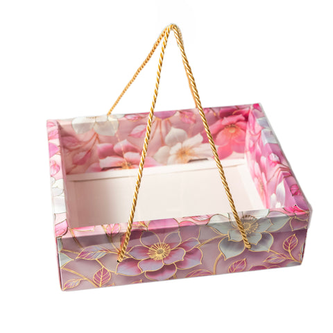 Hamper Gift Box With Top PVC Transparent Lid And Bottom Tray in Floral Aura Design With Rope Handle- Lilac (9*7*3 Inch) (BK-30 LD- FAP)