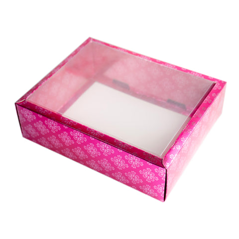 Foiled Floral Motif Design Hamper Box With Transparent Lid Outer Size: 9*7*3 Inch Inner Size: 10*8*3 Inch Golden, Red (BK-30 GE/RE)