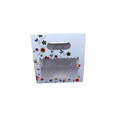 Festive Pearl White Intricate Floral Design Window Gift Bag With Handle (7.5*8*3.5 Inch) (BK-58-W)