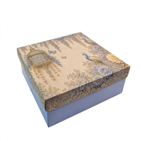 TOP BOTTOM HAMPER BOX IN ENCHANTED WISTERIA PEACOCK DESIGN (8*8*3.75 INCH) (BK-91-EW-POWDER BLUE)