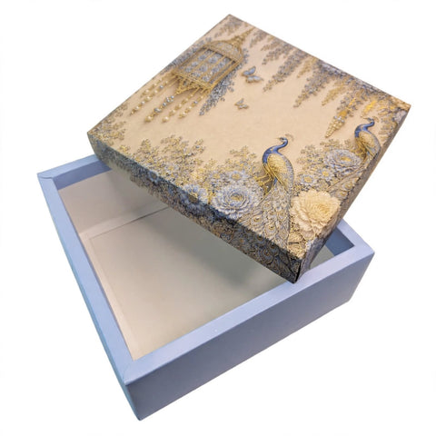 TOP BOTTOM HAMPER BOX IN ENCHANTED WISTERIA PEACOCK DESIGN (8*8*3.75 INCH) (BK-91-EW-POWDER BLUE)