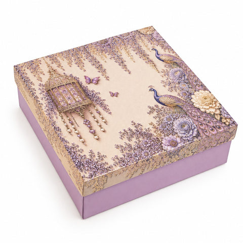 TOP BOTTOM HAMPER BOX IN ENCHANTED WISTERIA PEACOCK DESIGN (10*10*3.75 INCH) (BK-92-EW-DUSTY LILAC)