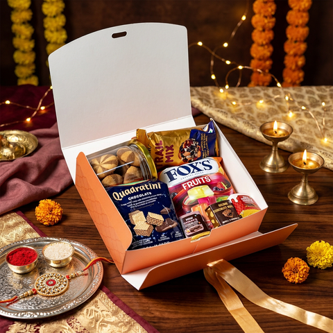 RIBBON CHOCOLATE BOX-RAKSHA BANDHAN DESIGN (7.5*6*2 INCH) (BK-94-RB-PEACH)