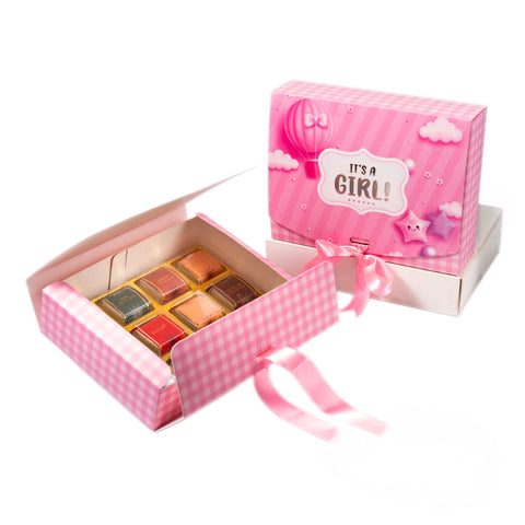 12 CAVITY RIBBON CHOCOLATE BOX-ITS A GIRL (7.5*6*2 INCH) (BK-95-GL-BABY PINK)