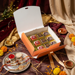 12 CAVITY RIBBON CHOCOLATE BOX-RAKSHA BANDHAN DESIGN (7.5*6*2 INCH) (BK-95-RB-PEACH)