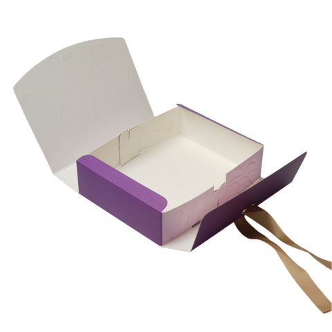Open purple box with a white interior on a white background