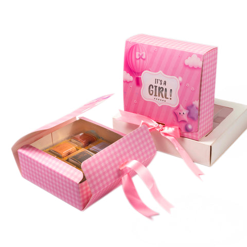 9 CAVITY RIBBON CHOCOLATE BOX-ITS A GIRL (5.75*5.75*2 INCH) (BK-96-GL-BABY PINK)