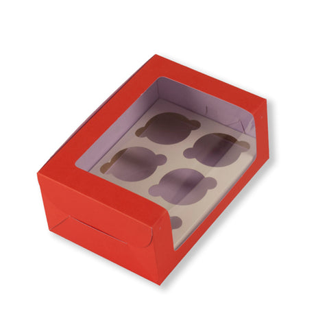 6 Pc Full Window Cupcake Box With Cavity (6*8.5*3.75 Inch) Red (BK-31)