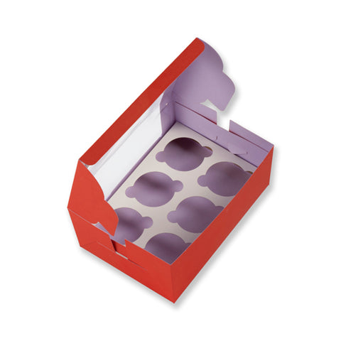 6 Pc Full Window Cupcake Box With Cavity (6*8.5*3.75 Inch) Red (BK-31)