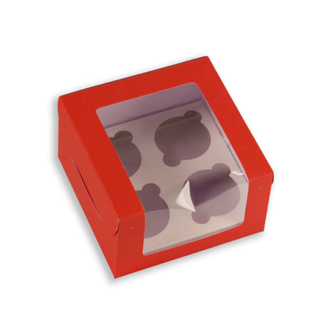 4 Pc Full Window Cupcake Box With Cavity (6*6*3.75 Inch) Red (BK-32)