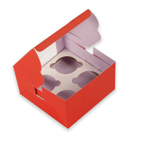4 Pc Full Window Cupcake Box With Cavity (6*6*3.75 Inch) Red (BK-32)