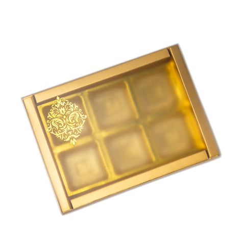 6 Cavity Chocolate Box With Golden Tray And Translucent PVC Sleeves (14*9.5*3 CM) (CK-1)