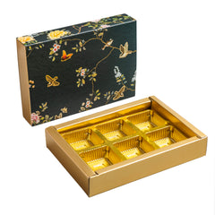 6 CAVITY SLIDER CHOCOLATE BOX WITH PRINTED SLEEVES AND GOLDEN TRAY (14*9.5*3 CM) (CK-1-EB)