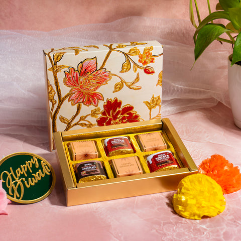 6 CAVITY SLIDER CHOCOLATE BOX WITH PRINTED SLEEVES AND GOLDEN TRAY (14*9.5*3 CM) (CK-1-MM)