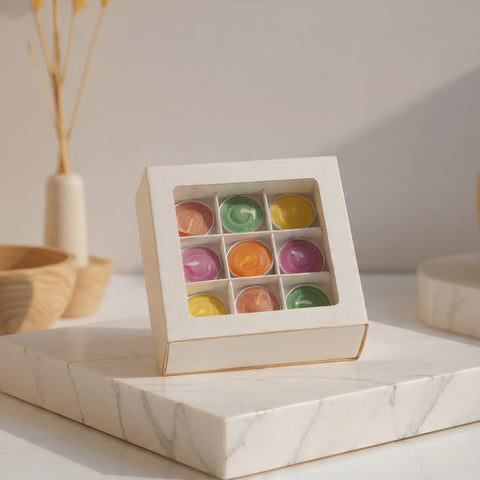 9 Cavity Ladoo Candle Box With Slider Window Sleeves and Partition- White -12*12*4 CM (CK-11)
