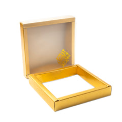 9 Cavity Chocolate Box With Golden Tray And Translucent PVC Sleeves (14*14*3 Cm) (CK-2)