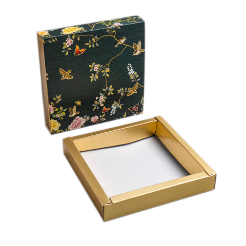 9 CAVITY SLIDER CHOCOLATE BOX WITH PRINTED SLEEVES AND GOLDEN TRAY (14*14*3 CM) (CK-2-EB)