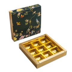 9 CAVITY SLIDER CHOCOLATE BOX WITH PRINTED SLEEVES AND GOLDEN TRAY (14*14*3 CM) (CK-2-EB)