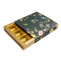9 CAVITY SLIDER CHOCOLATE BOX WITH PRINTED SLEEVES AND GOLDEN TRAY (14*14*3 CM) (CK-2-EB)