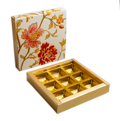 9 CAVITY SLIDER CHOCOLATE BOX WITH PRINTED SLEEVES AND GOLDEN TRAY (14*14*3 CM) (CK-2-MM)